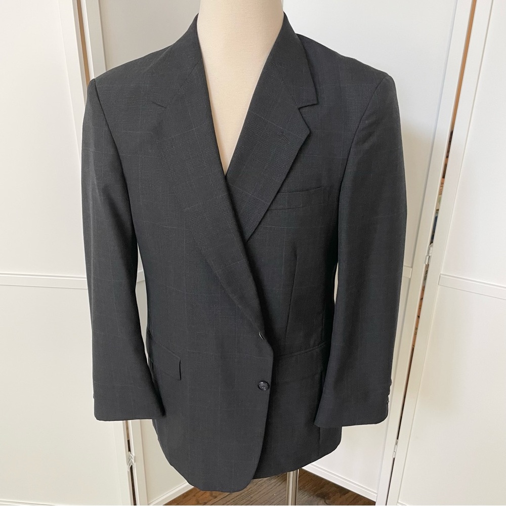 Towncraft Men Gray Blue Blazer Sport Coat Suit Jacket 44R Wool Blend Windowpane